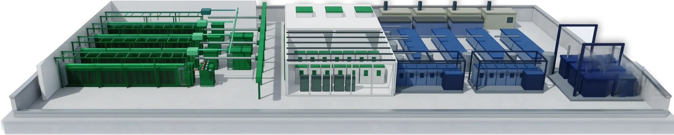 One AI factory: the rack hall and the facility's power and cooling plant